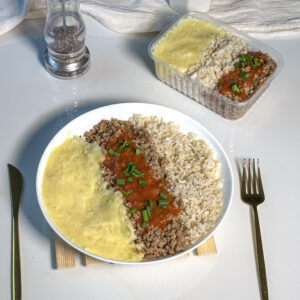 Carne moída com arroz integral e purê de batata inglesa (400g)